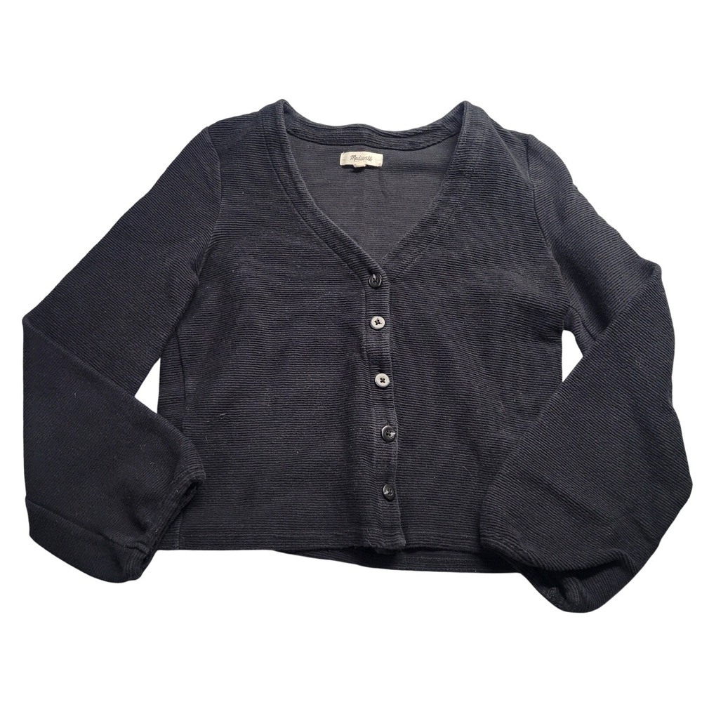 Madewell Womens Black Ribbed Cotton V-Neck Button Front Cardigan Sweater Small